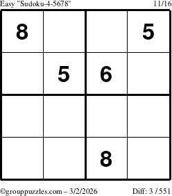 The grouppuzzles.com Easy Sudoku-4-5678 puzzle for Monday March 2, 2026