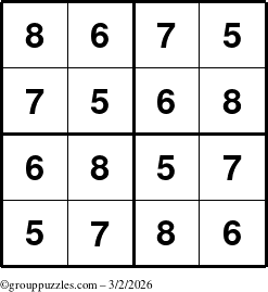 The grouppuzzles.com Answer grid for the Sudoku-4-5678 puzzle for Monday March 2, 2026