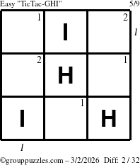 The grouppuzzles.com Easy TicTac-GHI puzzle for Monday March 2, 2026 with all 2 steps marked