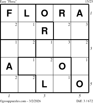The grouppuzzles.com Easy Flora puzzle for Monday March 2, 2026, suitable for printing, with all 3 steps marked
