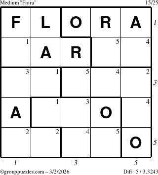 The grouppuzzles.com Medium Flora puzzle for Monday March 2, 2026, suitable for printing, with all 5 steps marked