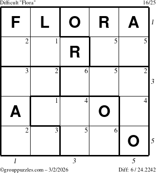 The grouppuzzles.com Difficult Flora puzzle for Monday March 2, 2026 with all 6 steps marked