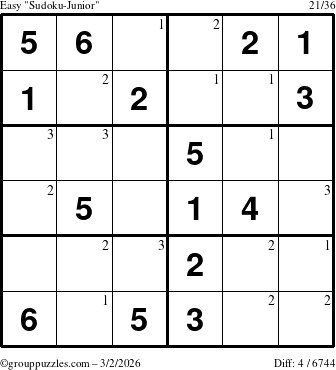 The grouppuzzles.com Easy Sudoku-Junior puzzle for Monday March 2, 2026 with the first 3 steps marked