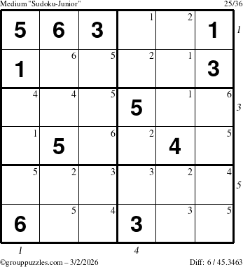 The grouppuzzles.com Medium Sudoku-Junior puzzle for Monday March 2, 2026 with all 6 steps marked