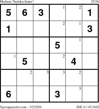 The grouppuzzles.com Medium Sudoku-Junior puzzle for Monday March 2, 2026 with the first 3 steps marked