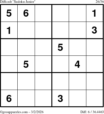 The grouppuzzles.com Difficult Sudoku-Junior puzzle for Monday March 2, 2026