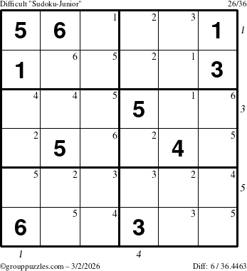 The grouppuzzles.com Difficult Sudoku-Junior puzzle for Monday March 2, 2026, suitable for printing, with all 6 steps marked