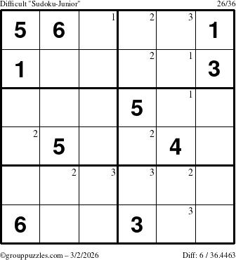 The grouppuzzles.com Difficult Sudoku-Junior puzzle for Monday March 2, 2026 with the first 3 steps marked