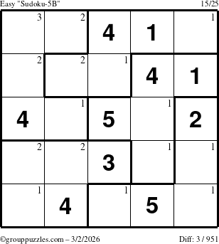 The grouppuzzles.com Easy Sudoku-5B puzzle for Monday March 2, 2026 with the first 3 steps marked