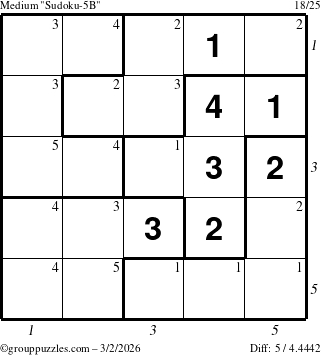 The grouppuzzles.com Medium Sudoku-5B puzzle for Monday March 2, 2026 with all 5 steps marked