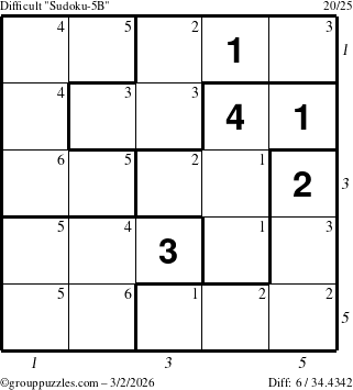 The grouppuzzles.com Difficult Sudoku-5B puzzle for Monday March 2, 2026, suitable for printing, with all 6 steps marked