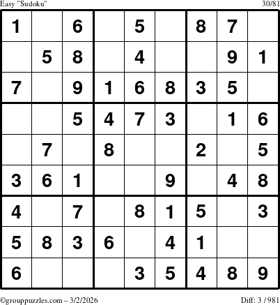 The grouppuzzles.com Easy Sudoku puzzle for Monday March 2, 2026