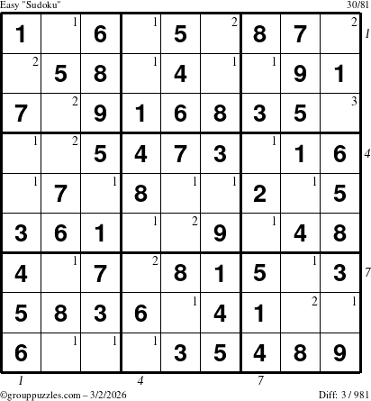 The grouppuzzles.com Easy Sudoku puzzle for Monday March 2, 2026, suitable for printing, with all 3 steps marked
