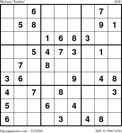 The grouppuzzles.com Medium Sudoku puzzle for Monday March 2, 2026