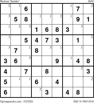 The grouppuzzles.com Medium Sudoku puzzle for Monday March 2, 2026 with the first 3 steps marked