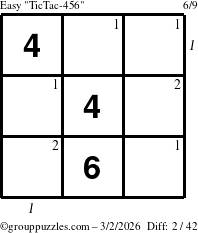 The grouppuzzles.com Easy TicTac-456 puzzle for Monday March 2, 2026 with all 2 steps marked