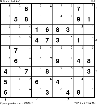 The grouppuzzles.com Difficult Sudoku puzzle for Monday March 2, 2026, suitable for printing, with all 9 steps marked
