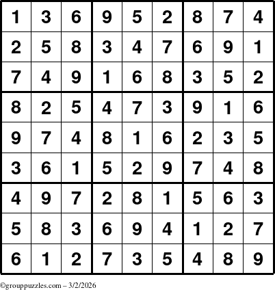 The grouppuzzles.com Answer grid for the Sudoku puzzle for Monday March 2, 2026