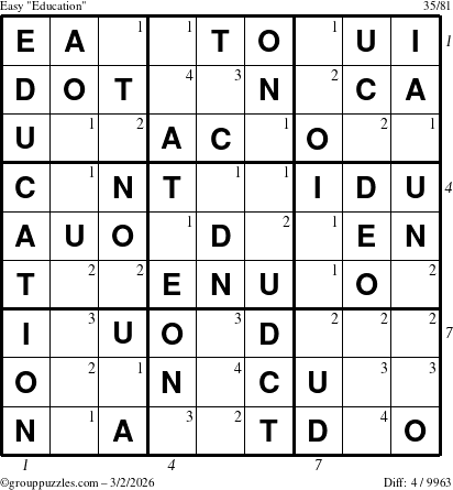 The grouppuzzles.com Easy Education-c1 puzzle for Monday March 2, 2026, suitable for printing, with all 4 steps marked