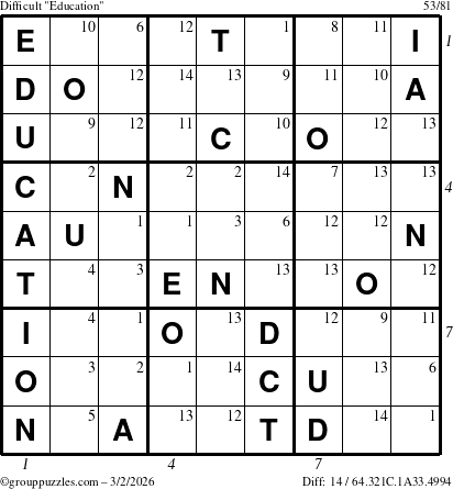 The grouppuzzles.com Difficult Education-c1 puzzle for Monday March 2, 2026, suitable for printing, with all 14 steps marked