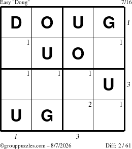 The grouppuzzles.com Easy Doug puzzle for Friday August 7, 2026, suitable for printing, with all 2 steps marked