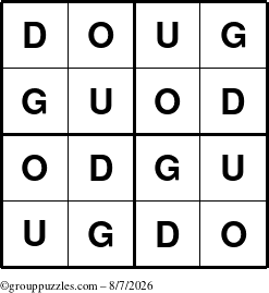 The grouppuzzles.com Answer grid for the Doug puzzle for Friday August 7, 2026