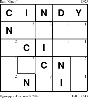 The grouppuzzles.com Easy Cindy puzzle for Friday August 7, 2026 with the first 3 steps marked