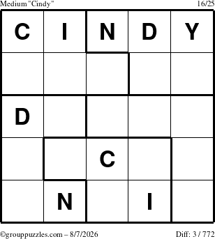 The grouppuzzles.com Medium Cindy puzzle for Friday August 7, 2026