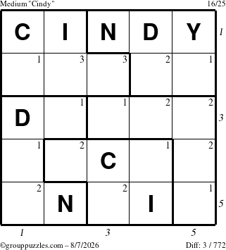 The grouppuzzles.com Medium Cindy puzzle for Friday August 7, 2026, suitable for printing, with all 3 steps marked