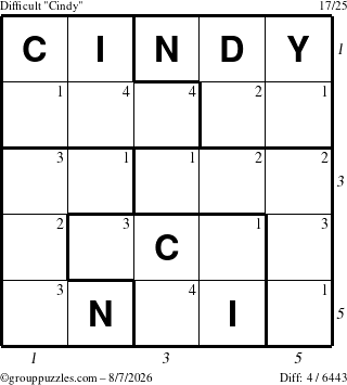 The grouppuzzles.com Difficult Cindy puzzle for Friday August 7, 2026 with all 4 steps marked