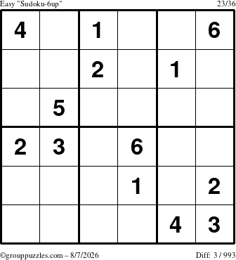 The grouppuzzles.com Easy Sudoku-6up puzzle for Friday August 7, 2026
