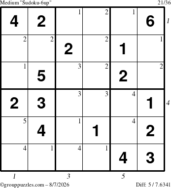 The grouppuzzles.com Medium Sudoku-6up puzzle for Friday August 7, 2026 with all 5 steps marked