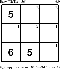 The grouppuzzles.com Easy TicTac-456 puzzle for Friday August 7, 2026 with the first 2 steps marked