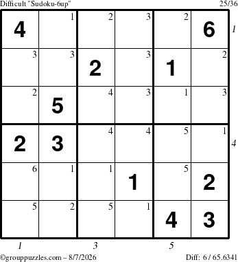 The grouppuzzles.com Difficult Sudoku-6up puzzle for Friday August 7, 2026, suitable for printing, with all 6 steps marked