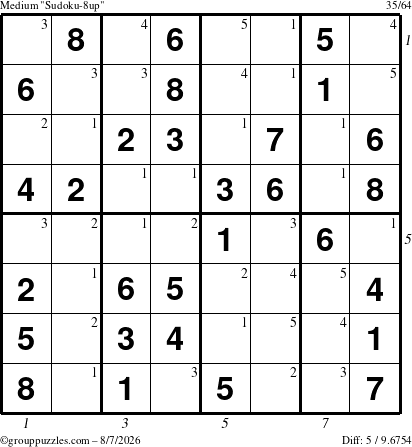 The grouppuzzles.com Medium Sudoku-8up puzzle for Friday August 7, 2026, suitable for printing, with all 5 steps marked