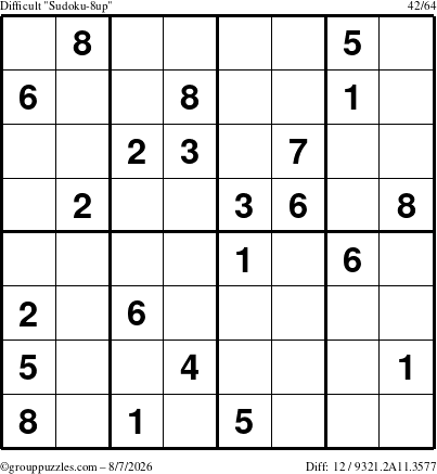 The grouppuzzles.com Difficult Sudoku-8up puzzle for Friday August 7, 2026