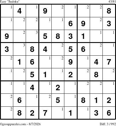 The grouppuzzles.com Easy Sudoku puzzle for Friday August 7, 2026 with the first 3 steps marked