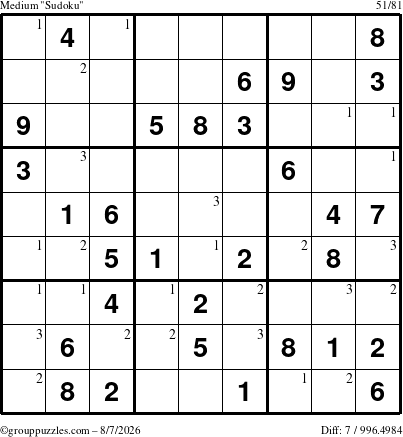 The grouppuzzles.com Medium Sudoku puzzle for Friday August 7, 2026 with the first 3 steps marked