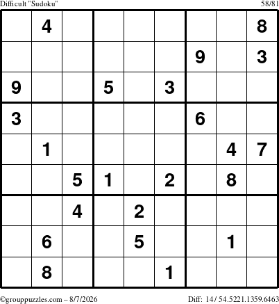 The grouppuzzles.com Difficult Sudoku puzzle for Friday August 7, 2026
