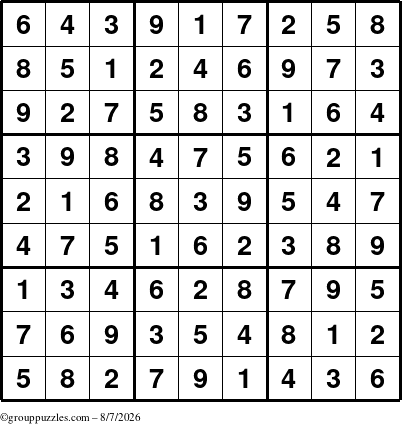 The grouppuzzles.com Answer grid for the Sudoku puzzle for Friday August 7, 2026