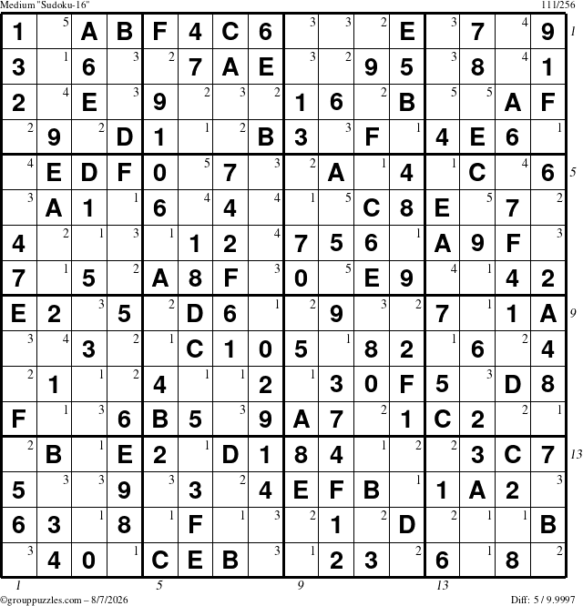 The grouppuzzles.com Medium Sudoku-16 puzzle for Friday August 7, 2026, suitable for printing, with all 5 steps marked