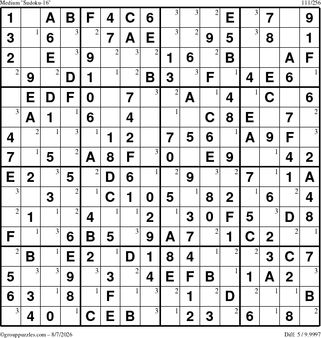 The grouppuzzles.com Medium Sudoku-16 puzzle for Friday August 7, 2026 with the first 3 steps marked