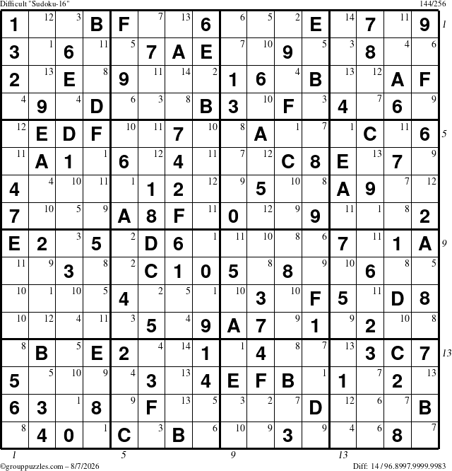 The grouppuzzles.com Difficult Sudoku-16 puzzle for Friday August 7, 2026, suitable for printing, with all 14 steps marked