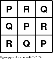 The grouppuzzles.com Answer grid for the TicTac-PQR puzzle for Friday April 26, 2024