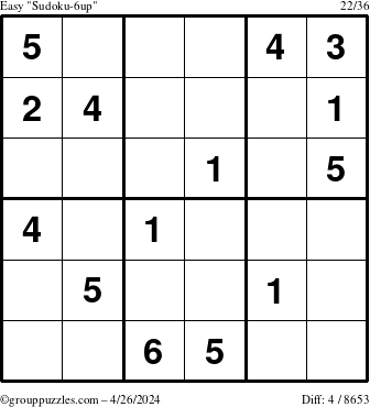 The grouppuzzles.com Easy Sudoku-6up puzzle for Friday April 26, 2024