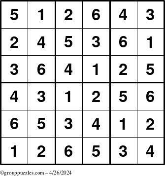The grouppuzzles.com Answer grid for the Sudoku-6up puzzle for Friday April 26, 2024