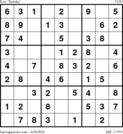 The grouppuzzles.com Easy Sudoku puzzle for Friday April 26, 2024