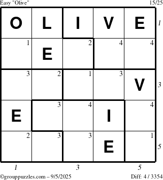 The grouppuzzles.com Easy Olive puzzle for Friday September 5, 2025, suitable for printing, with all 4 steps marked