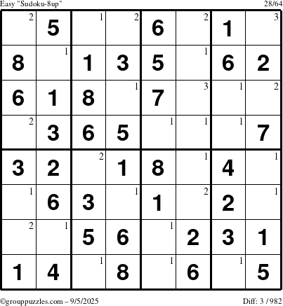 The grouppuzzles.com Easy Sudoku-8up puzzle for Friday September 5, 2025 with the first 3 steps marked