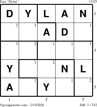 The grouppuzzles.com Easy Dylan puzzle for Tuesday February 10, 2026, suitable for printing, with all 3 steps marked